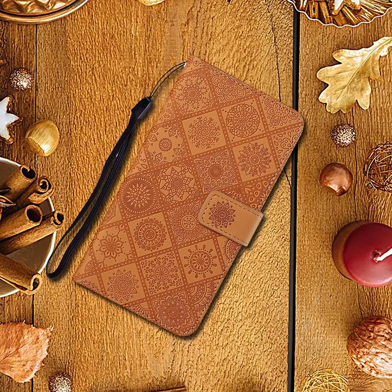 Per Xiaomi Redmi Note 12 4G Case Ethnic Style Phone Cover Imprinted Flower Pattern PU Leather Wallet Cover - Brown