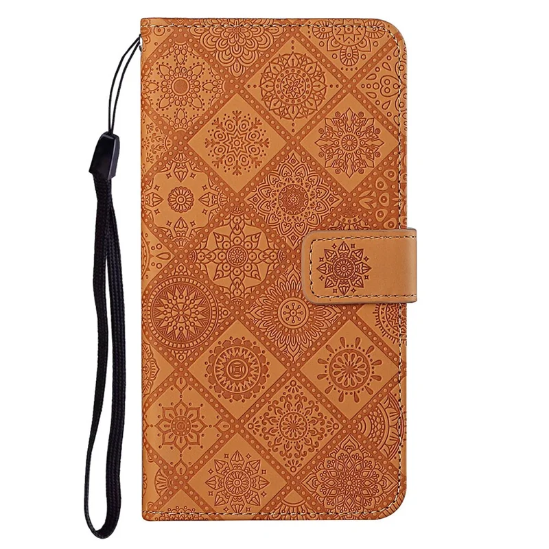 Per Xiaomi Redmi Note 12 4G Case Ethnic Style Phone Cover Imprinted Flower Pattern PU Leather Wallet Cover - Brown
