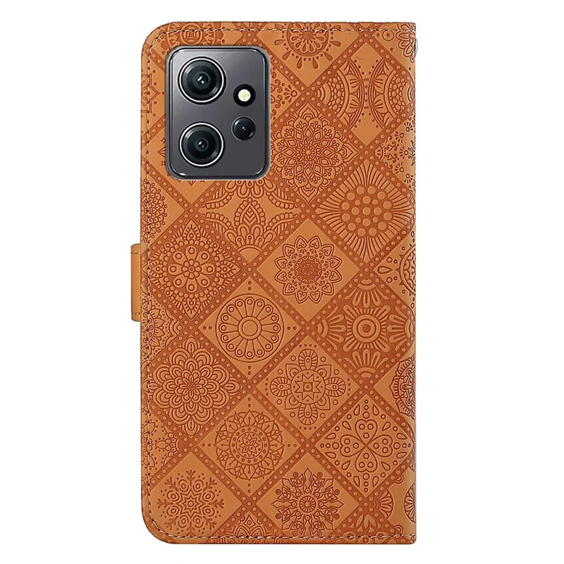 Per Xiaomi Redmi Note 12 4G Case Ethnic Style Phone Cover Imprinted Flower Pattern PU Leather Wallet Cover - Brown