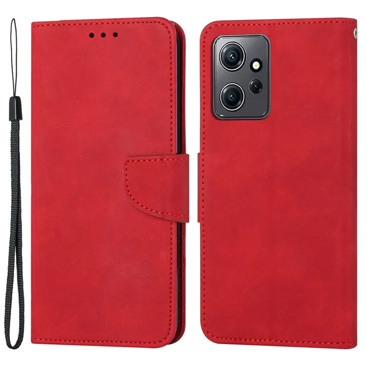 Para Xiaomi Redmi Note 12 4G Solid Color PU Leather Phone Case Stand Wallet Flip Cover with Strap - Red