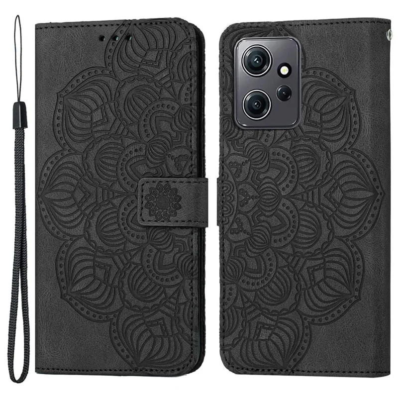 For Xiaomi Redmi Note 12 4G PU Leather Mandala Flower Imprinted Phone Case Wallet Stand Flip Cover - Black