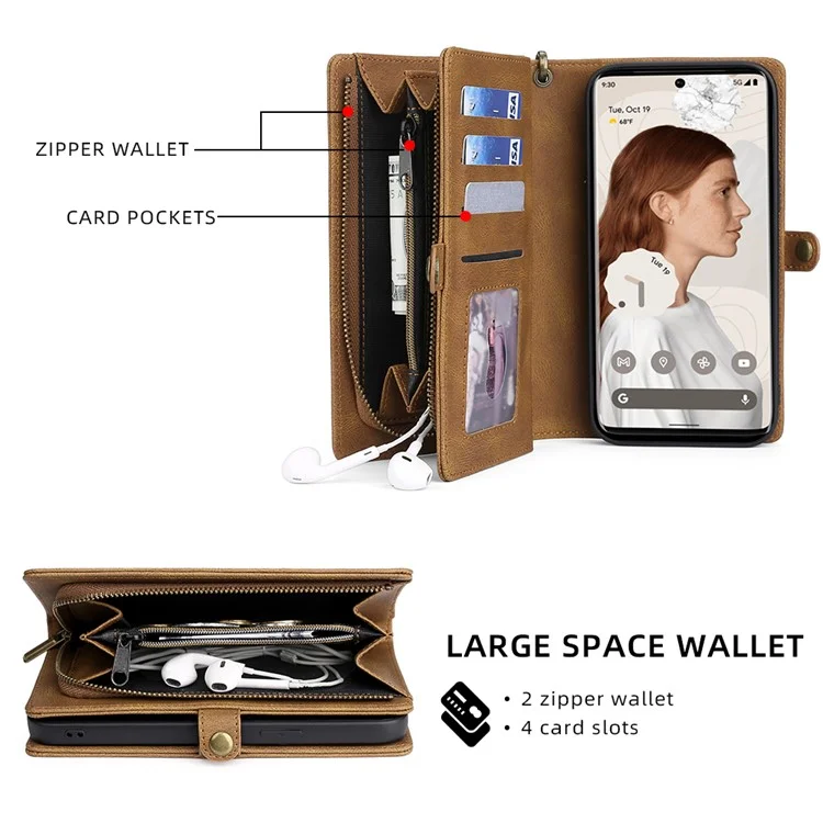 MEGSHI 017 Series PU Leather Phone Case per Google Pixel 7 Pro 5G Portafoglio Cerniera Magnetico Aspirazione Staccabile Cover - Marrone