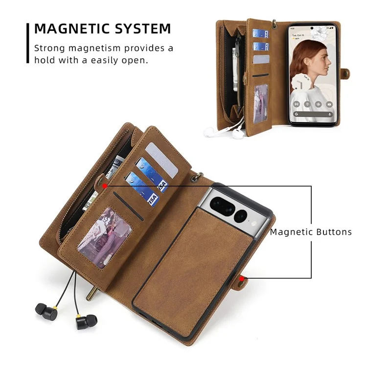 MEGSHI 017 Series PU Leather Phone Case per Google Pixel 7 Pro 5G Portafoglio Cerniera Magnetico Aspirazione Staccabile Cover - Marrone