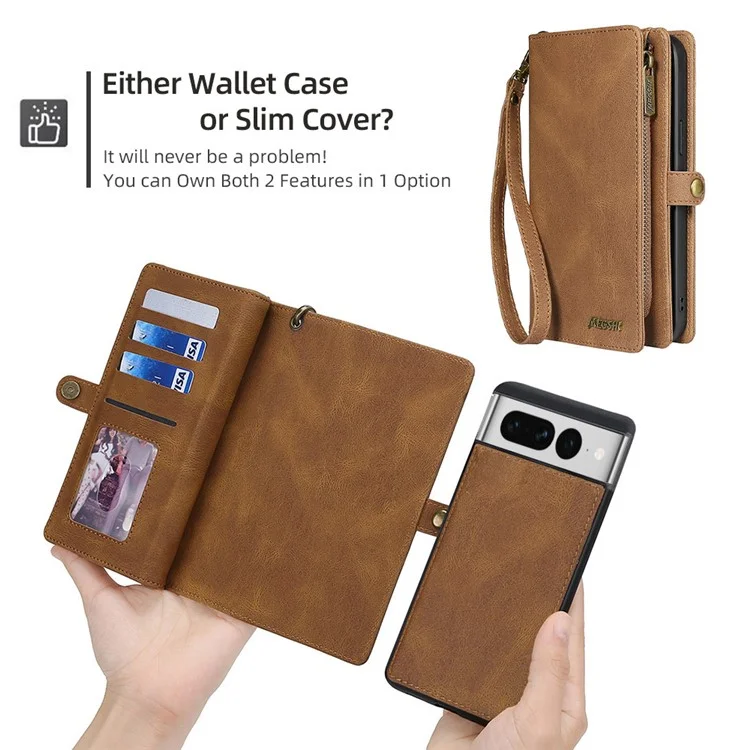 MEGSHI 017 Series PU Leather Phone Case per Google Pixel 7 Pro 5G Portafoglio Cerniera Magnetico Aspirazione Staccabile Cover - Marrone