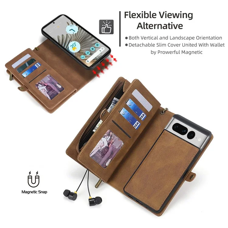 MEGSHI 017 Series PU Leather Phone Case per Google Pixel 7 Pro 5G Portafoglio Cerniera Magnetico Aspirazione Staccabile Cover - Marrone