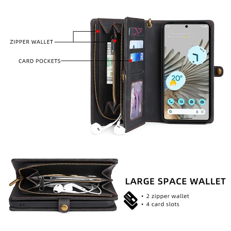 MEGSHI 017 Series For Google Pixel 7 5G Zipper Wallet Leather Case Magnetic Suction Detachable Cover - Black