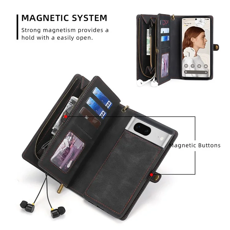 MEGSHI 017 Series For Google Pixel 7 5G Zipper Wallet Leather Case Magnetic Suction Detachable Cover - Black