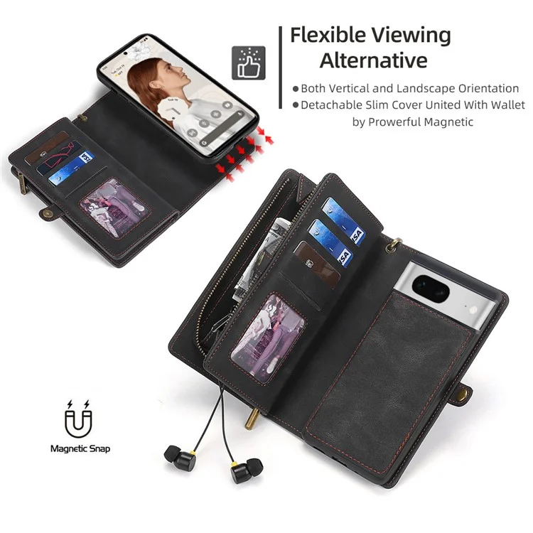 MEGSHI 017 Series For Google Pixel 7 5G Zipper Wallet Leather Case Magnetic Suction Detachable Cover - Black