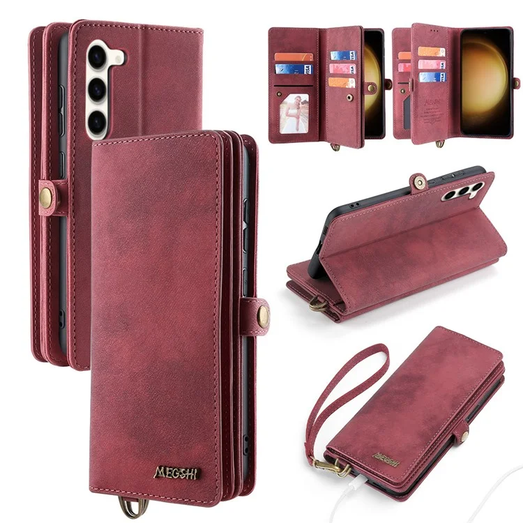 MEGSHI 021 Series For Samsung Galaxy S23 Phone Stand Cover Removable Leather Shell Wallet Magnetic Phone Case - Red
