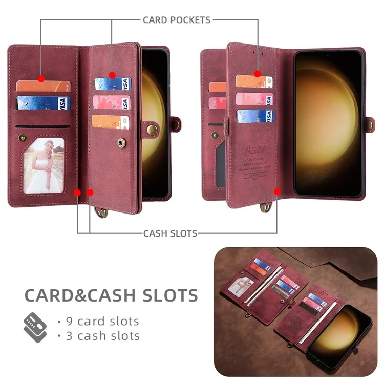 MEGSHI 021 Series For Samsung Galaxy S23 Phone Stand Cover Removable Leather Shell Wallet Magnetic Phone Case - Red