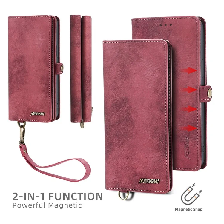 MEGSHI 021 Series For Samsung Galaxy S23 Phone Stand Cover Removable Leather Shell Wallet Magnetic Phone Case - Red