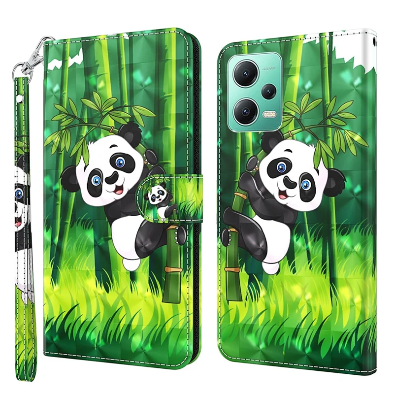 For Xiaomi Redmi Note 12 5G (China) / (India) / (Global) / Poco X5 5G Leather Phone Case 3D Pattern Printing Stand Wallet Cover - Panda Climbing
