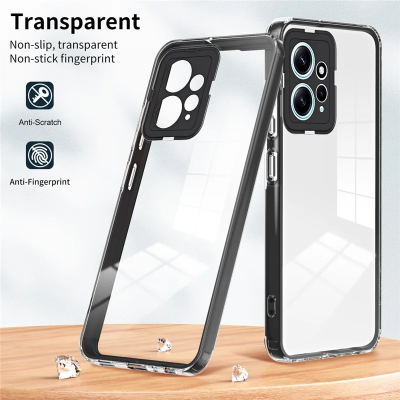 For Xiaomi Redmi Note 12 4G TPU Backplate + PC Frame + PC Camera Ring Mobile Case 3-in-1 Transparent Cover - Black