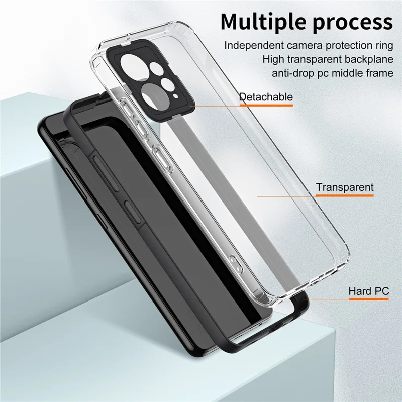 For Xiaomi Redmi Note 12 4G TPU Backplate + PC Frame + PC Camera Ring Mobile Case 3-in-1 Transparent Cover - Black