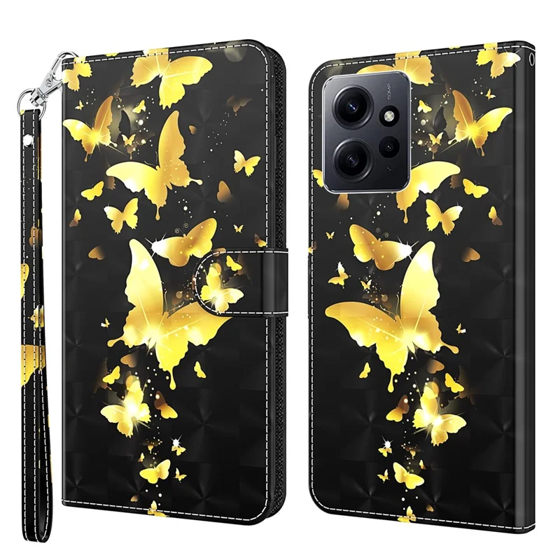 Для Xiaomi Redmi Note 12 4G Кожаный бумажник Чехол для телефона 3D-печать Узор Stand Cover с ремешком - Золотые бабочки