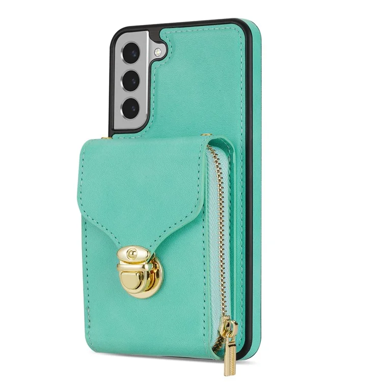 For Samsung Galaxy S21 FE 5G PU Leather Coated TPU Phone Case Crossbody Zipper Purse Card Holder Kickstand Cover - Mint Green