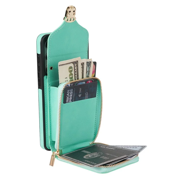 For Samsung Galaxy S21 FE 5G PU Leather Coated TPU Phone Case Crossbody Zipper Purse Card Holder Kickstand Cover - Mint Green