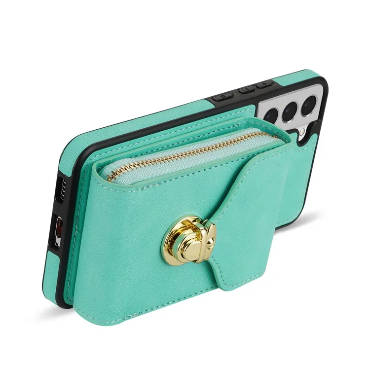 For Samsung Galaxy S21 FE 5G PU Leather Coated TPU Phone Case Crossbody Zipper Purse Card Holder Kickstand Cover - Mint Green