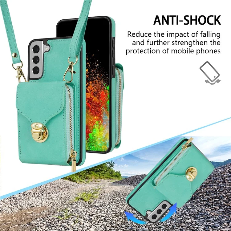 For Samsung Galaxy S21 FE 5G PU Leather Coated TPU Phone Case Crossbody Zipper Purse Card Holder Kickstand Cover - Mint Green