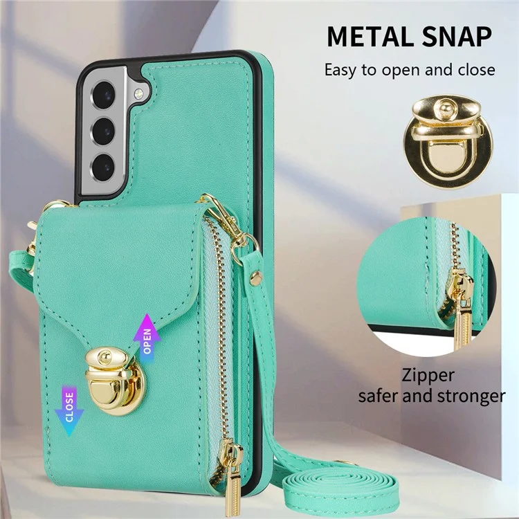 For Samsung Galaxy S21 FE 5G PU Leather Coated TPU Phone Case Crossbody Zipper Purse Card Holder Kickstand Cover - Mint Green