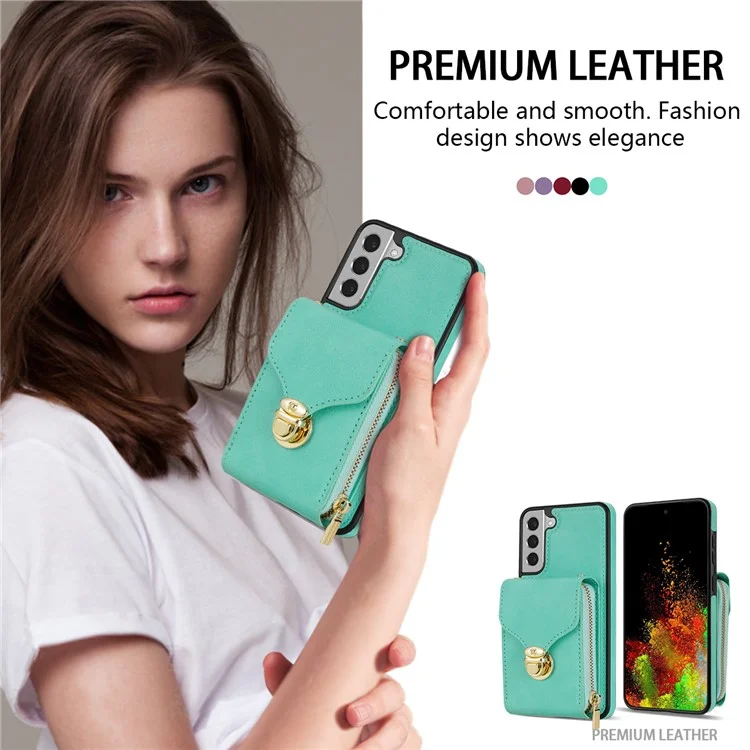 For Samsung Galaxy S21 FE 5G PU Leather Coated TPU Phone Case Crossbody Zipper Purse Card Holder Kickstand Cover - Mint Green
