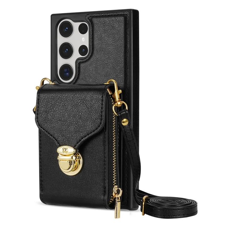 Für Samsung Galaxy S23 Ultra Crossbody Card Holder Kickstand Case PU Leder beschichteter TPU Reißverschluss Handyhülle - Schwarz