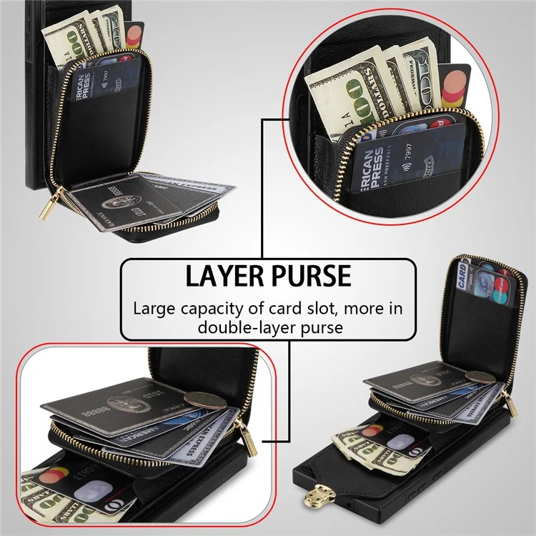 Für Samsung Galaxy S23 Ultra Crossbody Card Holder Kickstand Case PU Leder beschichteter TPU Reißverschluss Handyhülle - Schwarz