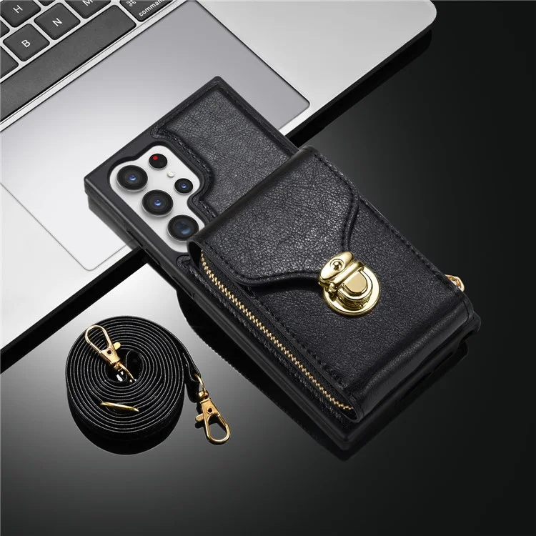 Für Samsung Galaxy S23 Ultra Crossbody Card Holder Kickstand Case PU Leder beschichteter TPU Reißverschluss Handyhülle - Schwarz