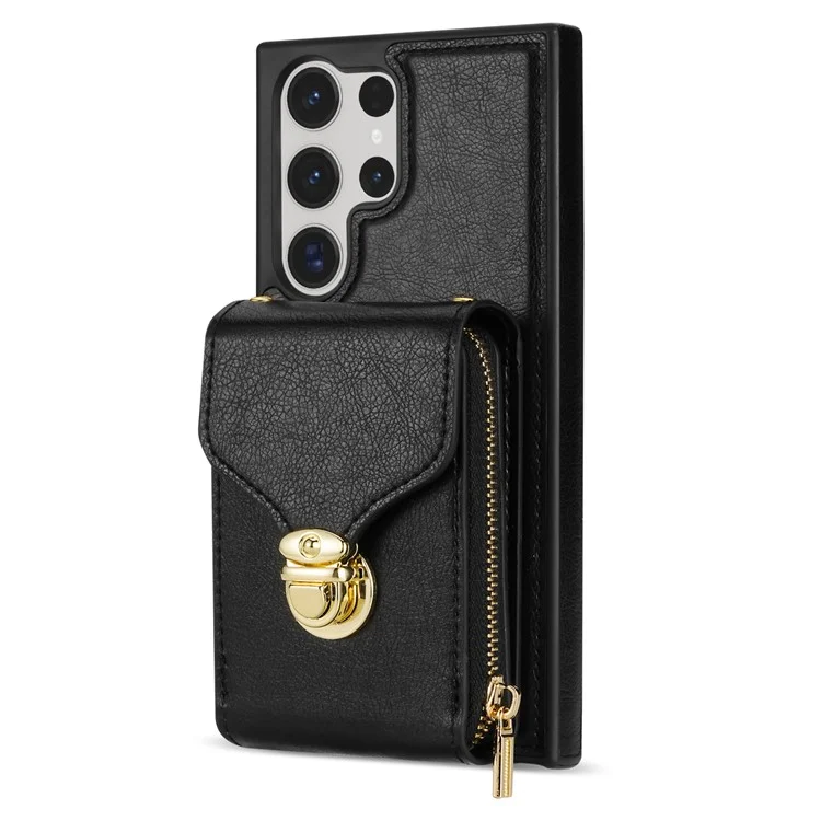 Für Samsung Galaxy S23 Ultra Crossbody Card Holder Kickstand Case PU Leder beschichteter TPU Reißverschluss Handyhülle - Schwarz