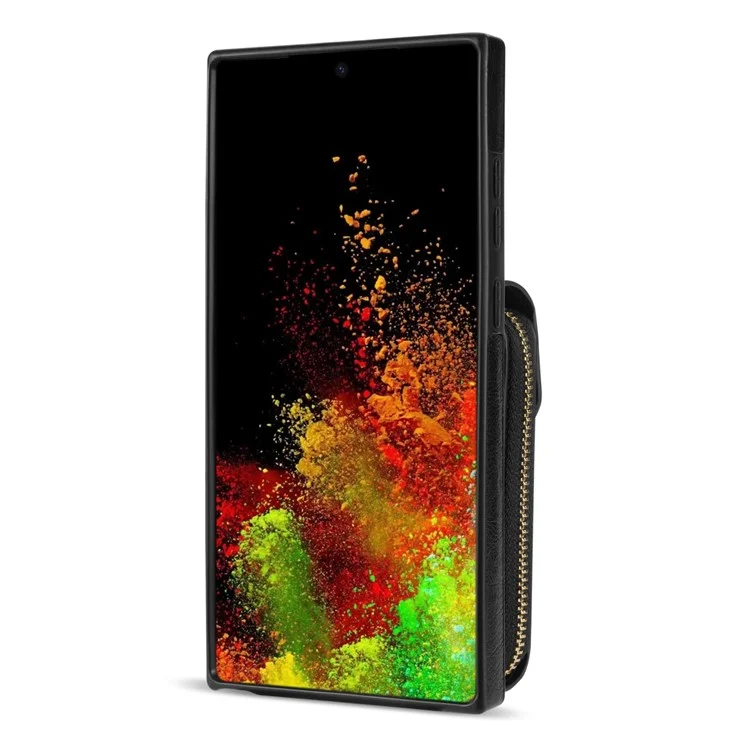 Für Samsung Galaxy S23 Ultra Crossbody Card Holder Kickstand Case PU Leder beschichteter TPU Reißverschluss Handyhülle - Schwarz
