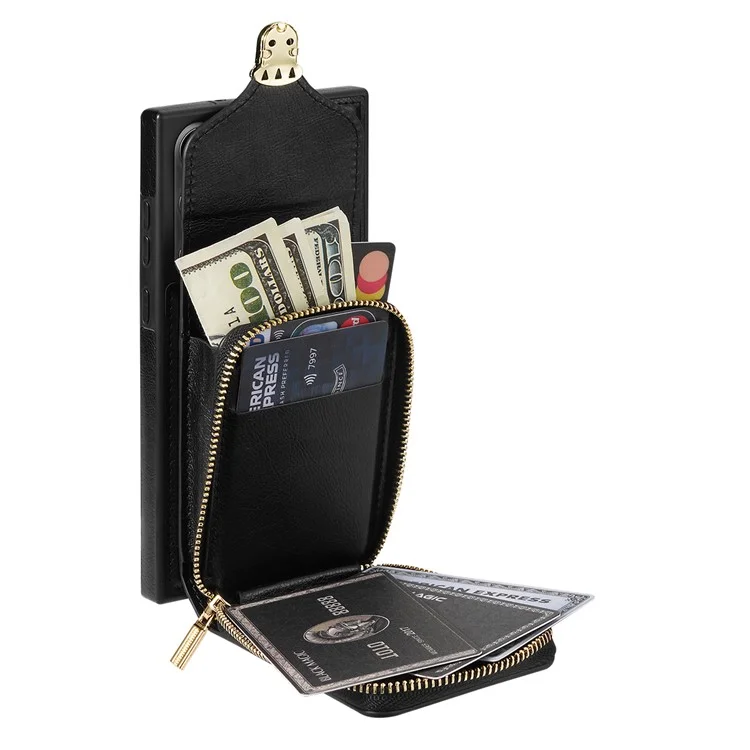 Für Samsung Galaxy S23 Ultra Crossbody Card Holder Kickstand Case PU Leder beschichteter TPU Reißverschluss Handyhülle - Schwarz