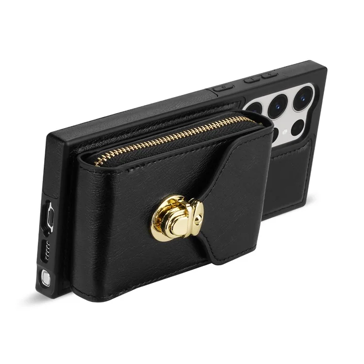 Für Samsung Galaxy S23 Ultra Crossbody Card Holder Kickstand Case PU Leder beschichteter TPU Reißverschluss Handyhülle - Schwarz