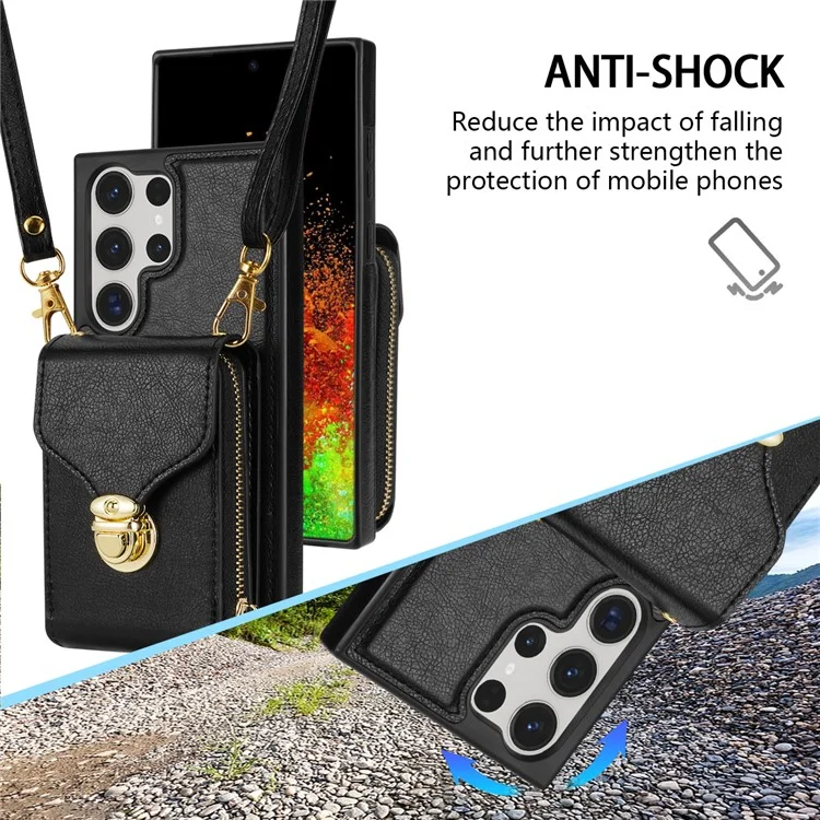 Für Samsung Galaxy S23 Ultra Crossbody Card Holder Kickstand Case PU Leder beschichteter TPU Reißverschluss Handyhülle - Schwarz