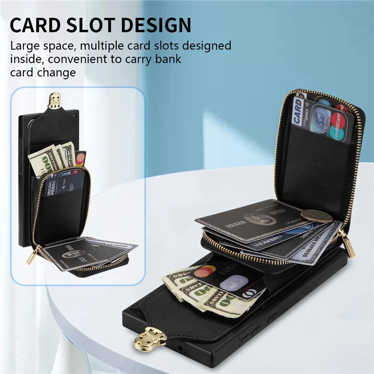 Für Samsung Galaxy S23 Ultra Crossbody Card Holder Kickstand Case PU Leder beschichteter TPU Reißverschluss Handyhülle - Schwarz