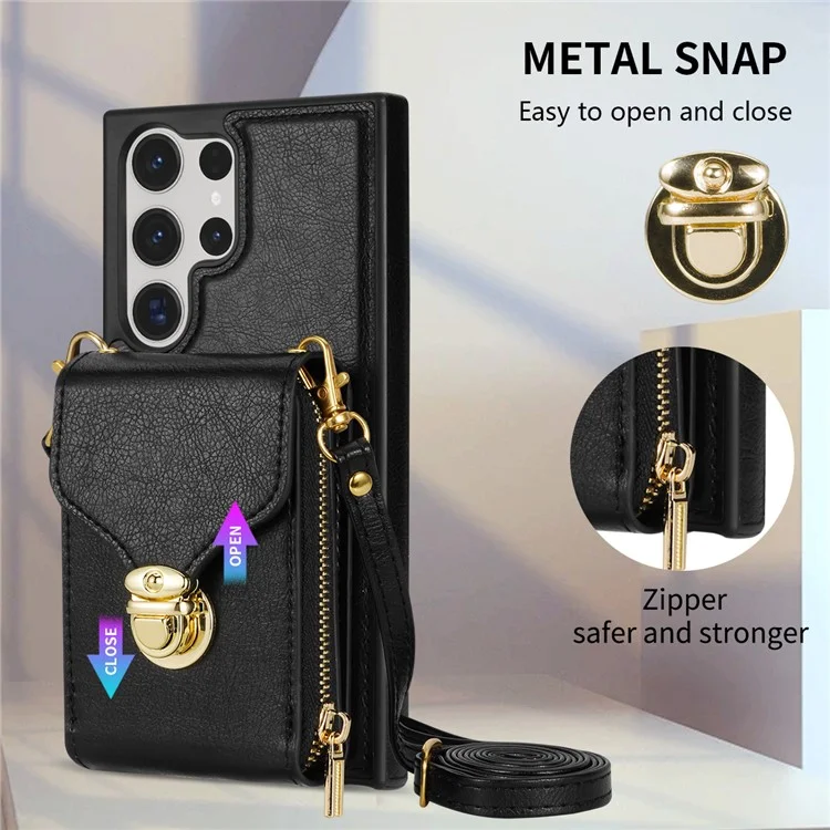 Für Samsung Galaxy S23 Ultra Crossbody Card Holder Kickstand Case PU Leder beschichteter TPU Reißverschluss Handyhülle - Schwarz