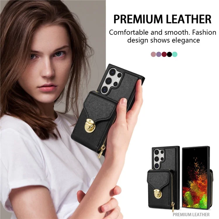 Für Samsung Galaxy S23 Ultra Crossbody Card Holder Kickstand Case PU Leder beschichteter TPU Reißverschluss Handyhülle - Schwarz