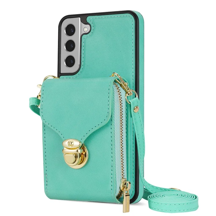 Для Samsung Galaxy S22 5G PU Leather + TPU Card Slot Case Kickstand Zipper Phone Cover with Crossbody Strap - Mint Green