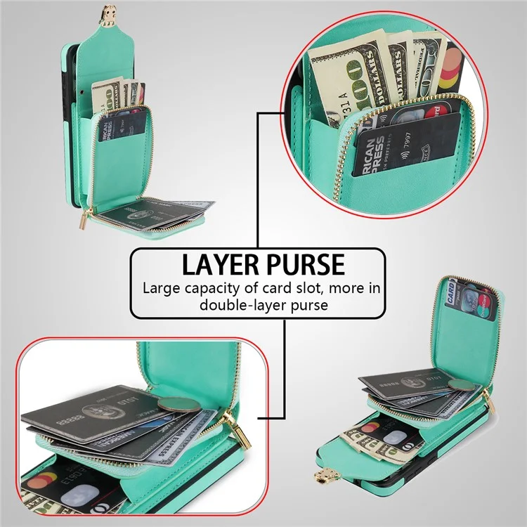 Для Samsung Galaxy S22 5G PU Leather + TPU Card Slot Case Kickstand Zipper Phone Cover with Crossbody Strap - Mint Green