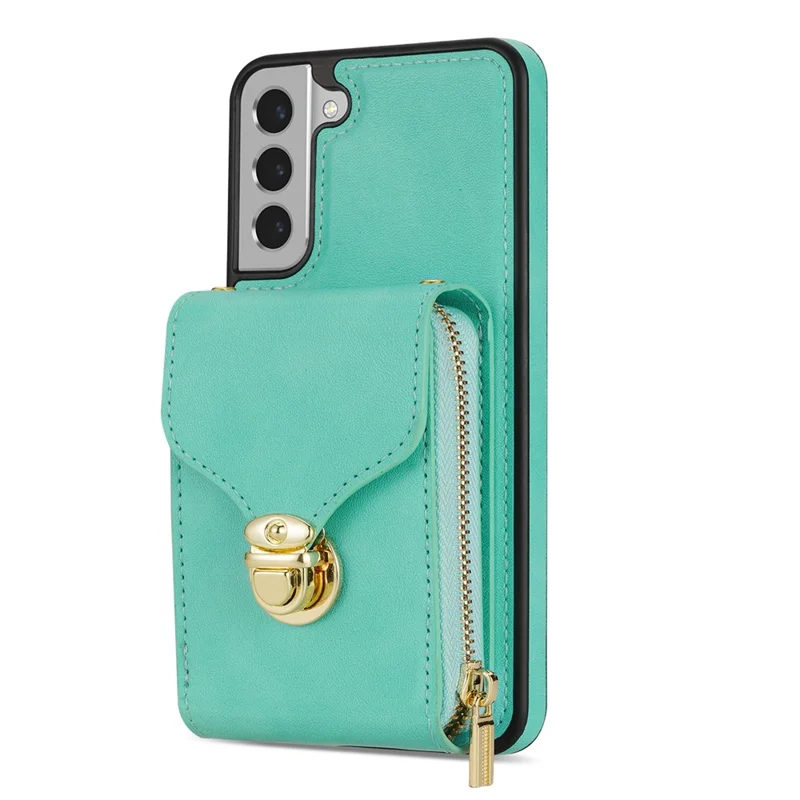 For Samsung Galaxy S22+ 5G PU Leather Coated TPU Cell Phone Case Zipper Card Holder Kickstand Phone Bag Cover - Mint Green