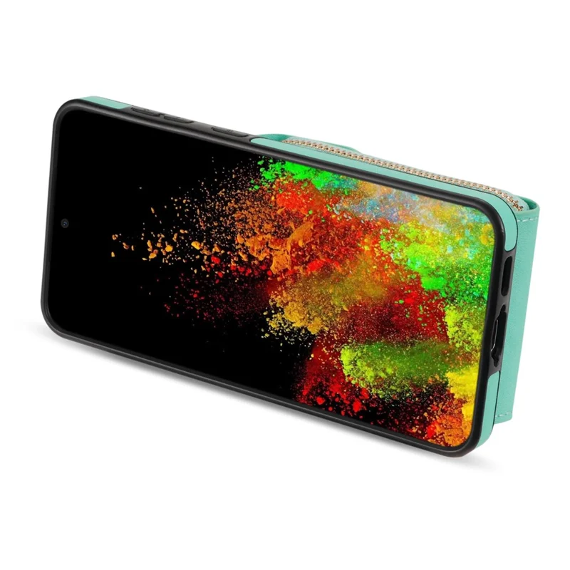 For Samsung Galaxy S22+ 5G PU Leather Coated TPU Cell Phone Case Zipper Card Holder Kickstand Phone Bag Cover - Mint Green