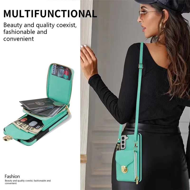 For Samsung Galaxy S22+ 5G PU Leather Coated TPU Cell Phone Case Zipper Card Holder Kickstand Phone Bag Cover - Mint Green