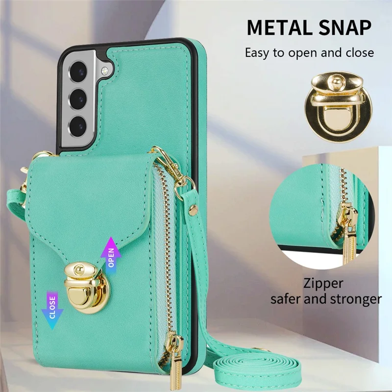 For Samsung Galaxy S22+ 5G PU Leather Coated TPU Cell Phone Case Zipper Card Holder Kickstand Phone Bag Cover - Mint Green