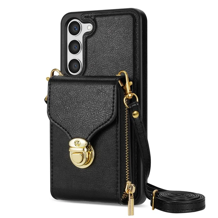 Para Samsung Galaxy S23+ Zipper Leather Coated TPU Phone Case Card Holder Kickstand Cover - Preto