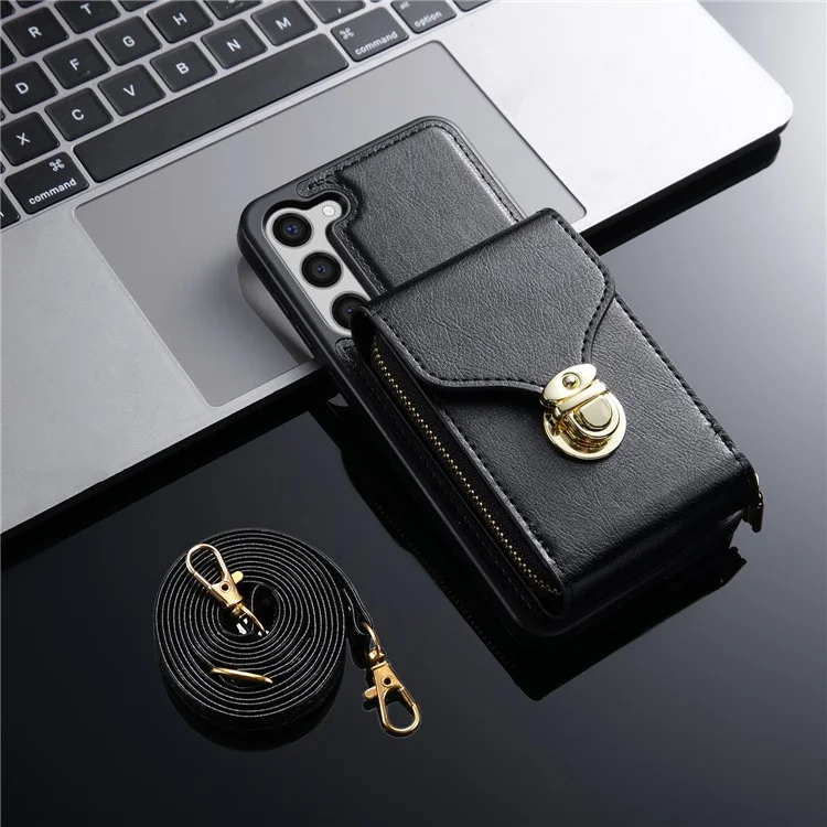 Para Samsung Galaxy S23+ Zipper Leather Coated TPU Phone Case Card Holder Kickstand Cover - Preto