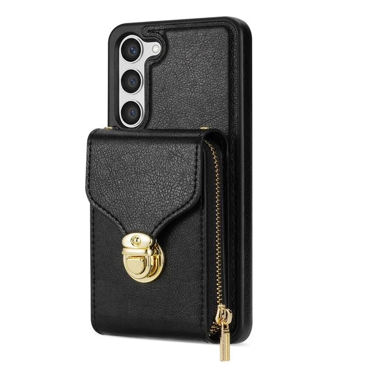 Para Samsung Galaxy S23+ Zipper Leather Coated TPU Phone Case Card Holder Kickstand Cover - Preto