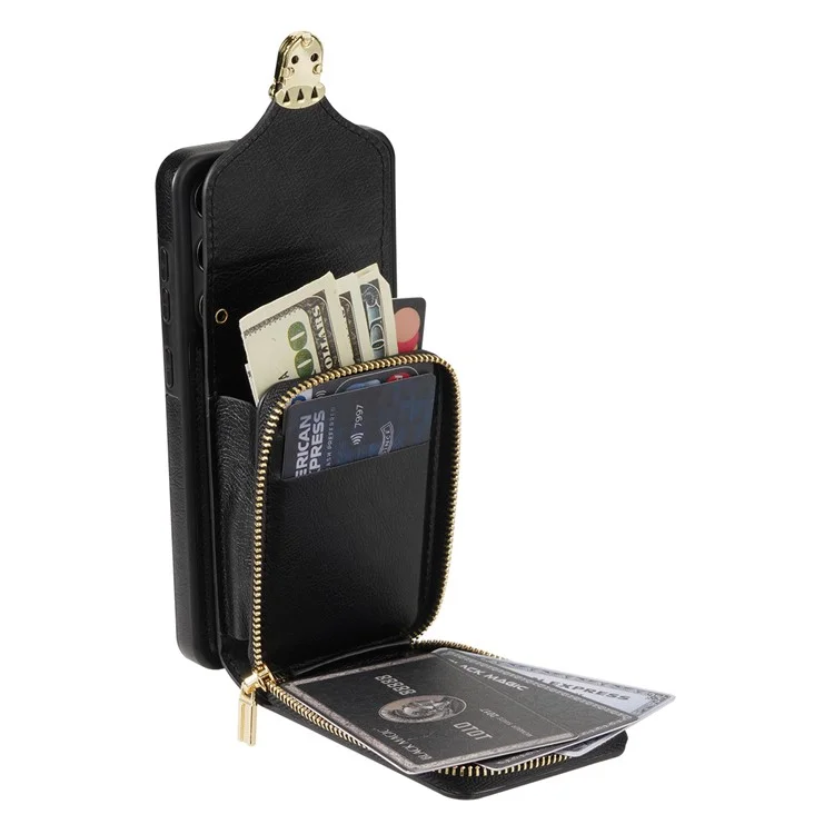 Para Samsung Galaxy S23+ Zipper Leather Coated TPU Phone Case Card Holder Kickstand Cover - Preto