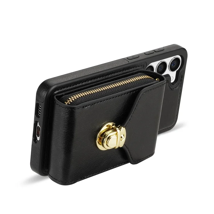 Para Samsung Galaxy S23+ Zipper Leather Coated TPU Phone Case Card Holder Kickstand Cover - Preto