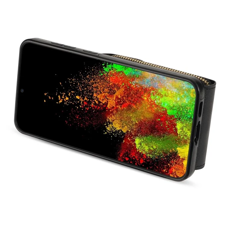 Para Samsung Galaxy S23+ Zipper Leather Coated TPU Phone Case Card Holder Kickstand Cover - Preto