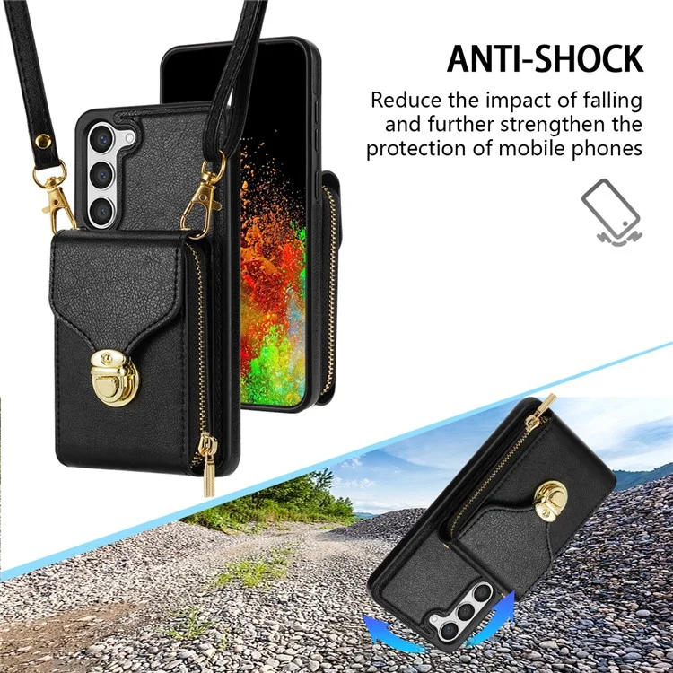 Para Samsung Galaxy S23+ Zipper Leather Coated TPU Phone Case Card Holder Kickstand Cover - Preto