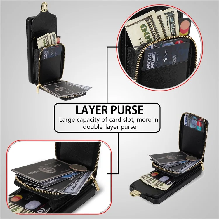Para Samsung Galaxy S23+ Zipper Leather Coated TPU Phone Case Card Holder Kickstand Cover - Preto